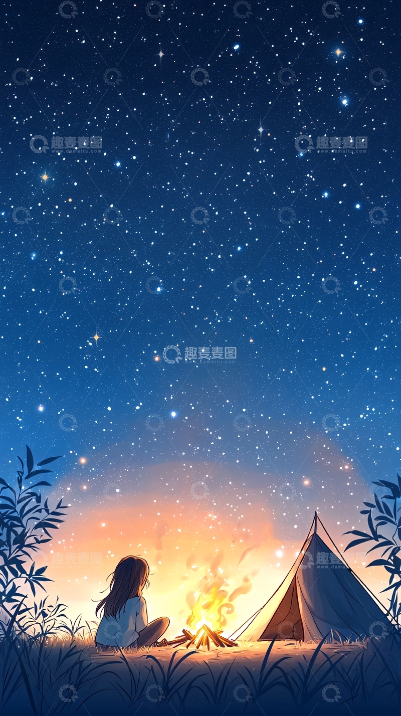 高清大图下载【趣麦麦图】夜晚露营篝火星空下的宁静