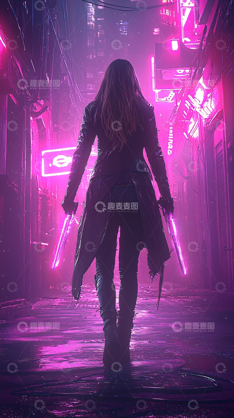 高清大图下载【趣麦麦图】未来城市霓虹灯下的战士