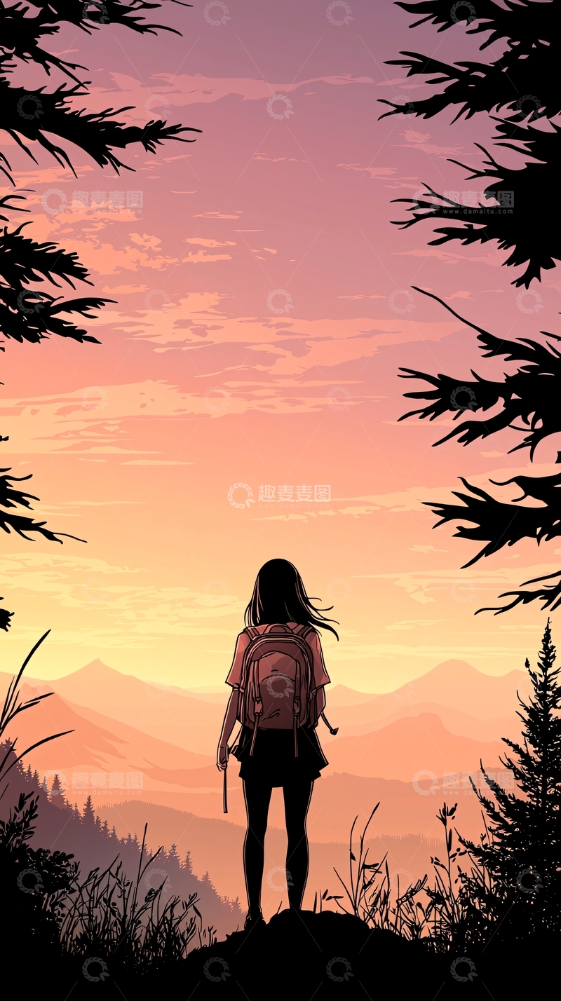 高清大图下载【趣麦麦图】日落山间徒步女孩剪影