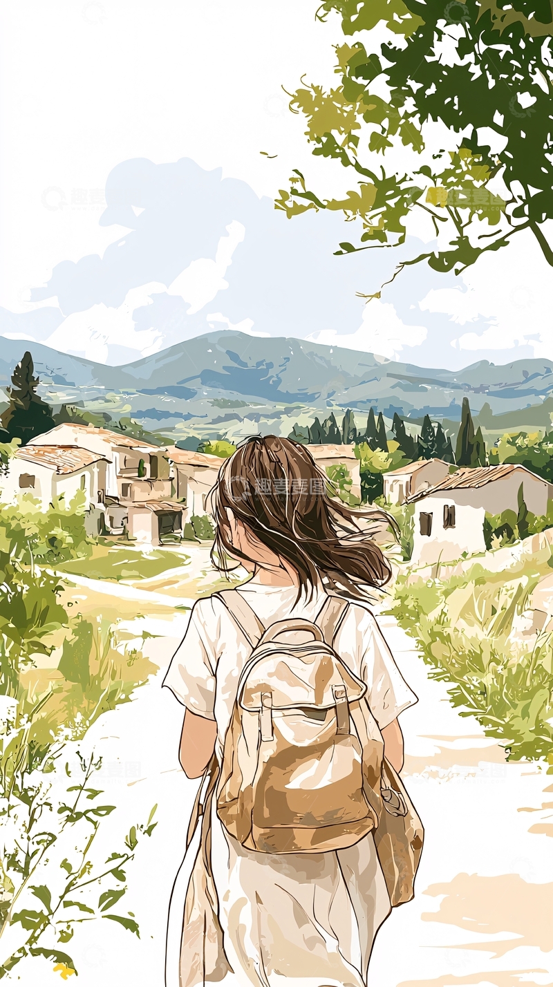 高清大图下载【趣麦麦图】乡村旅途中背背包的女孩
