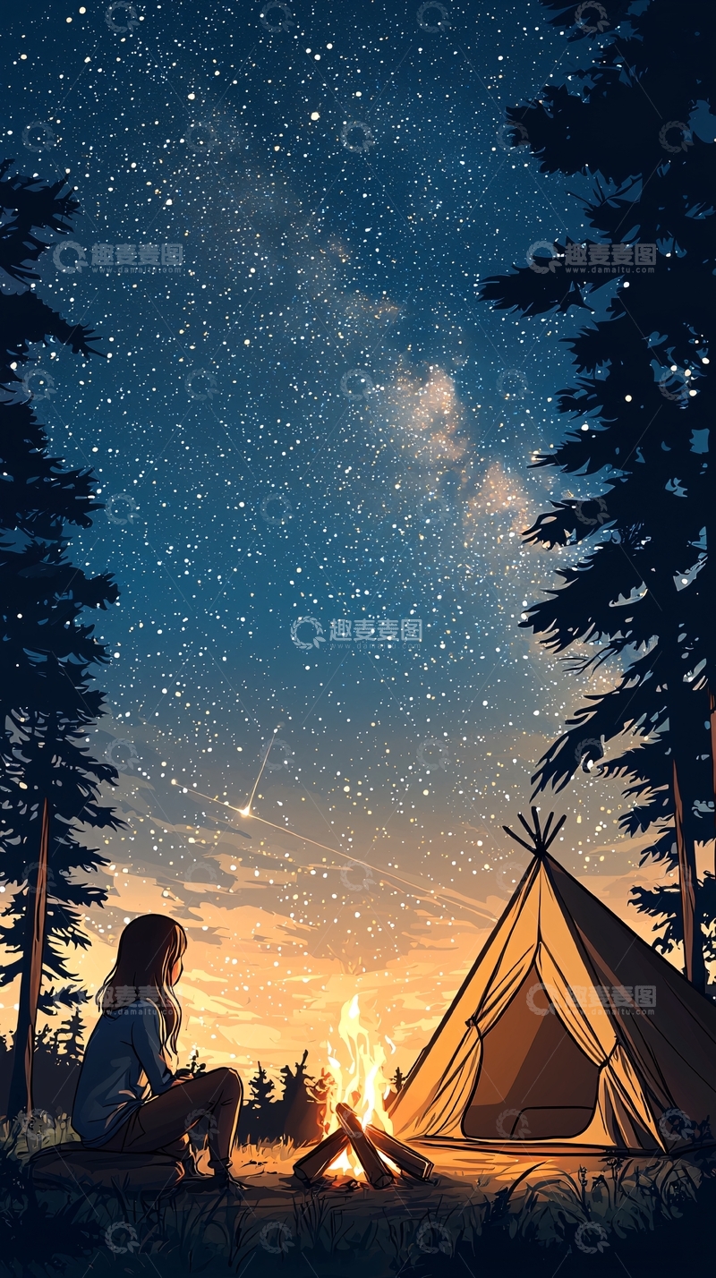 高清大图下载【趣麦麦图】夜晚露营篝火星空下的宁静时刻