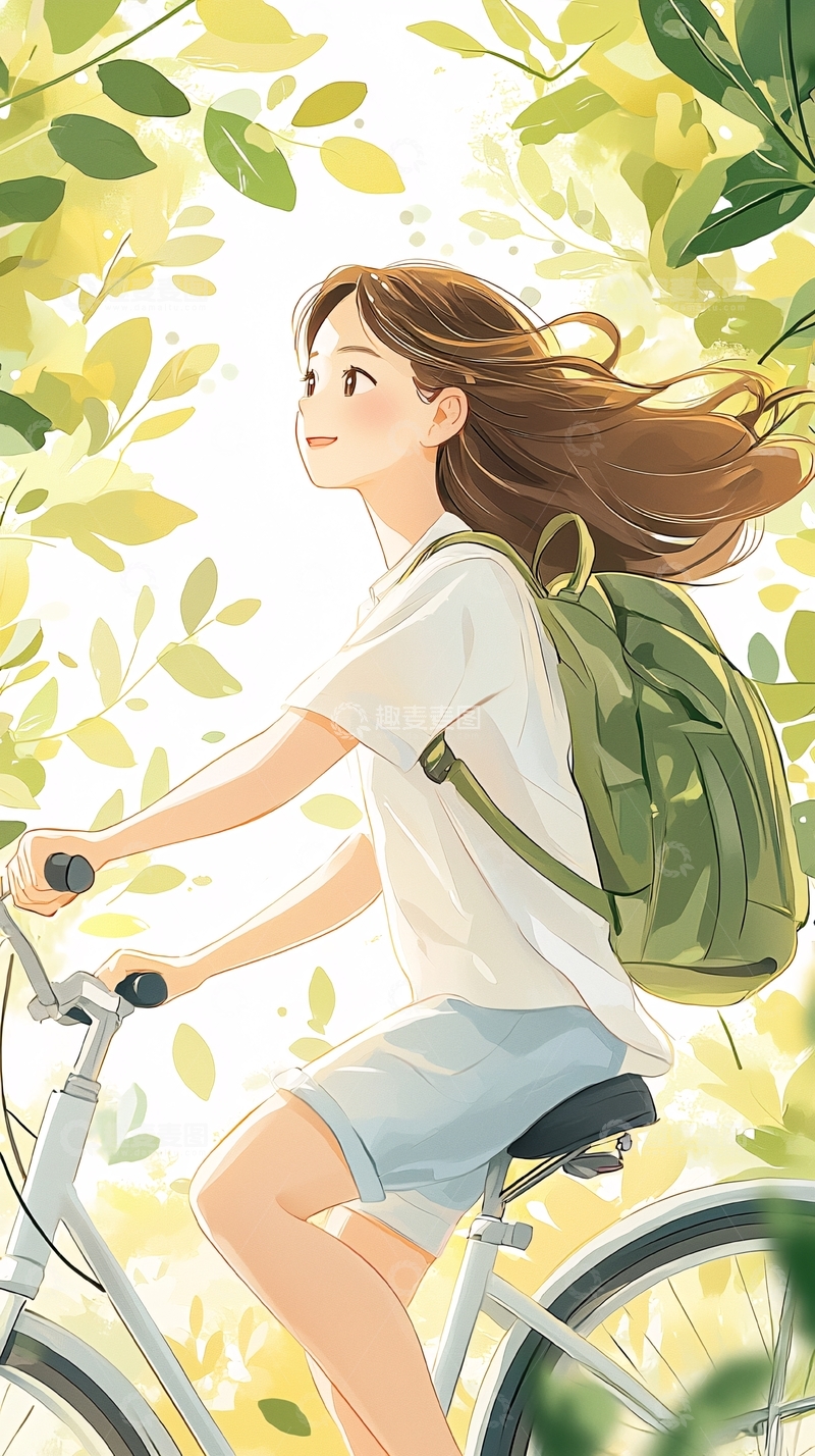 夏日骑行少女插画