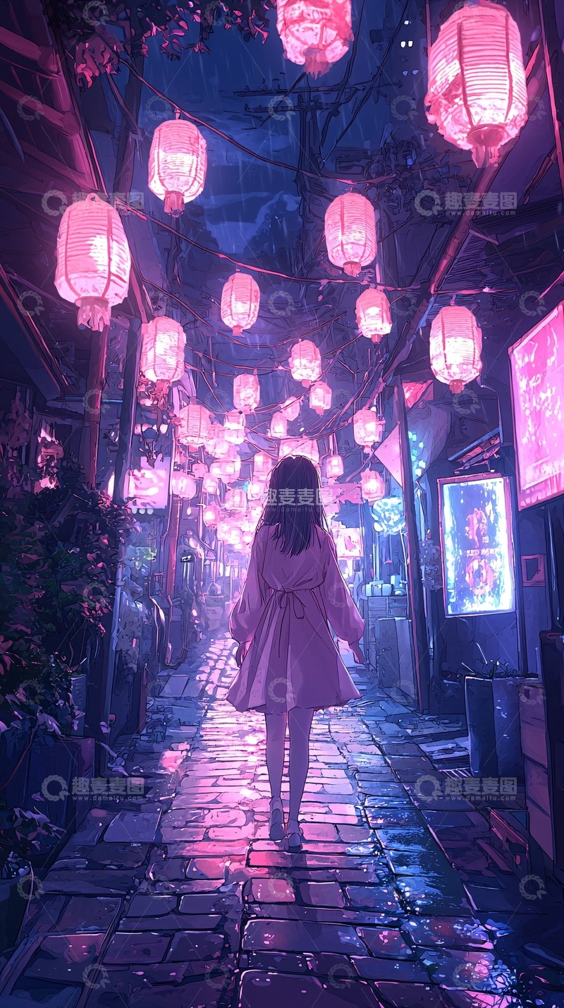 高清大图下载【趣麦麦图】雨夜巷中灯笼下的少女