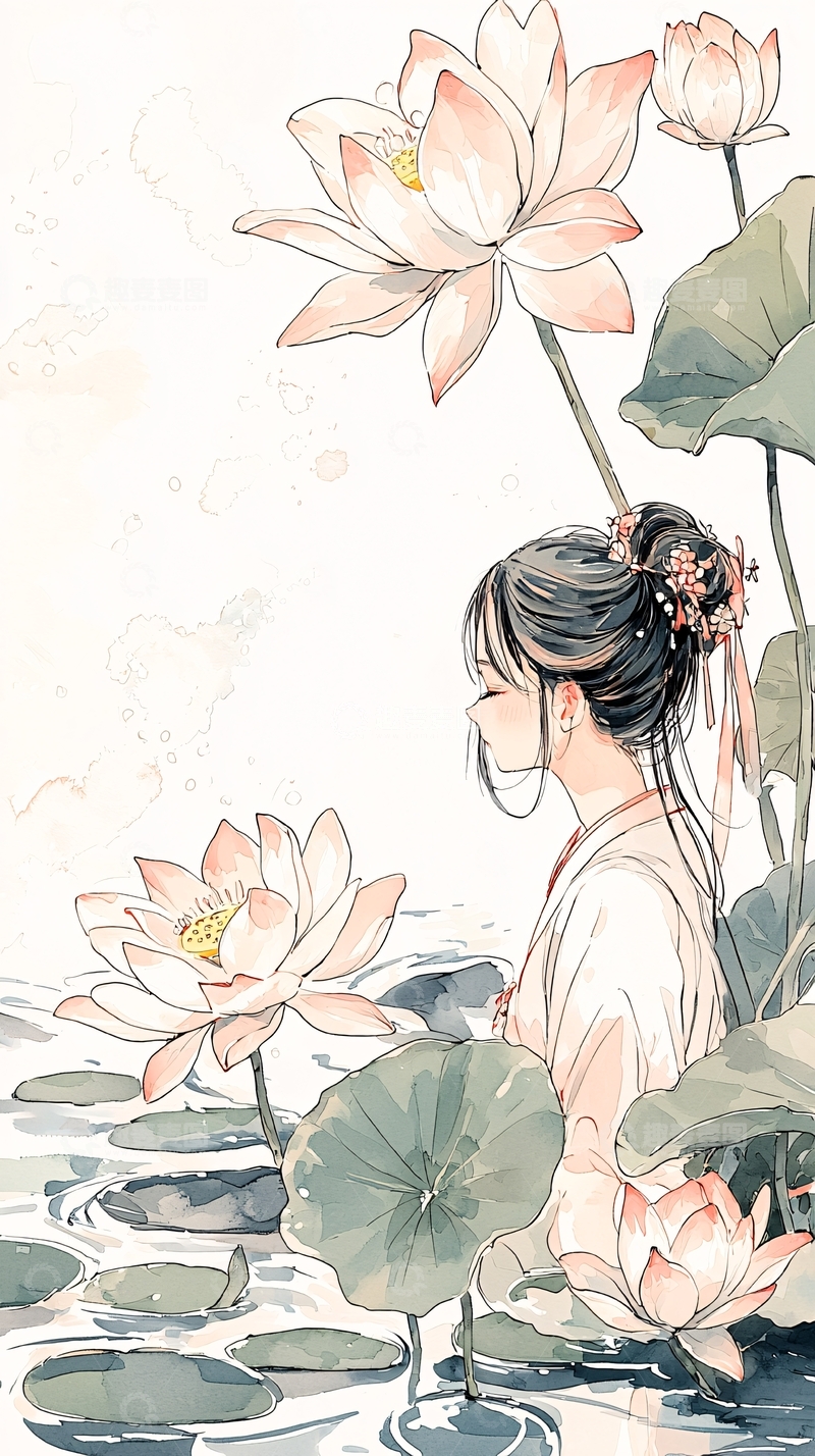 高清大图下载【趣麦麦图】荷塘女子图高清图片