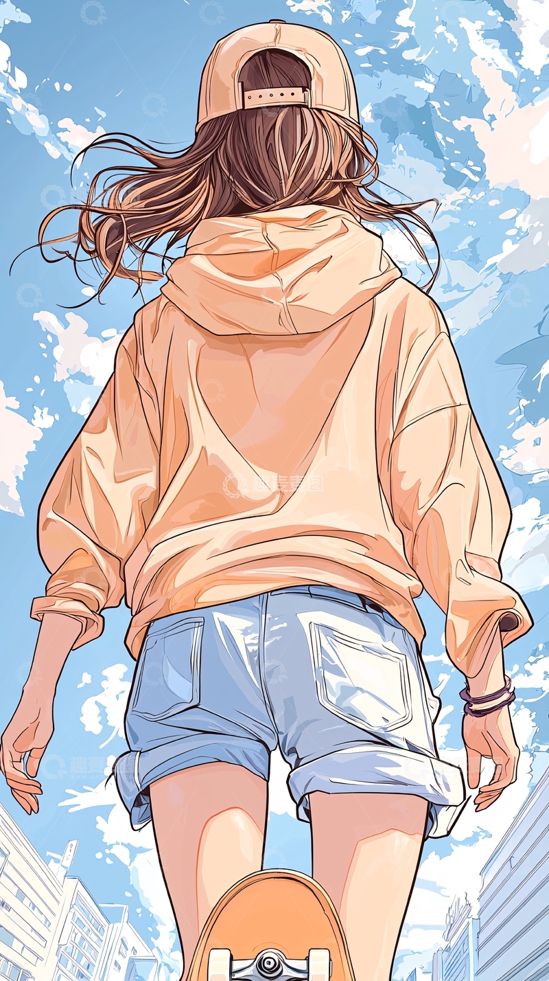 高清大图下载【趣麦麦图】滑板少女动漫插画