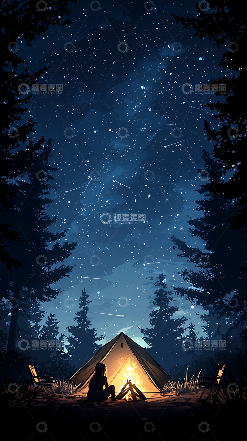 高清大图下载【趣麦麦图】夜晚露营篝火星空下的宁静