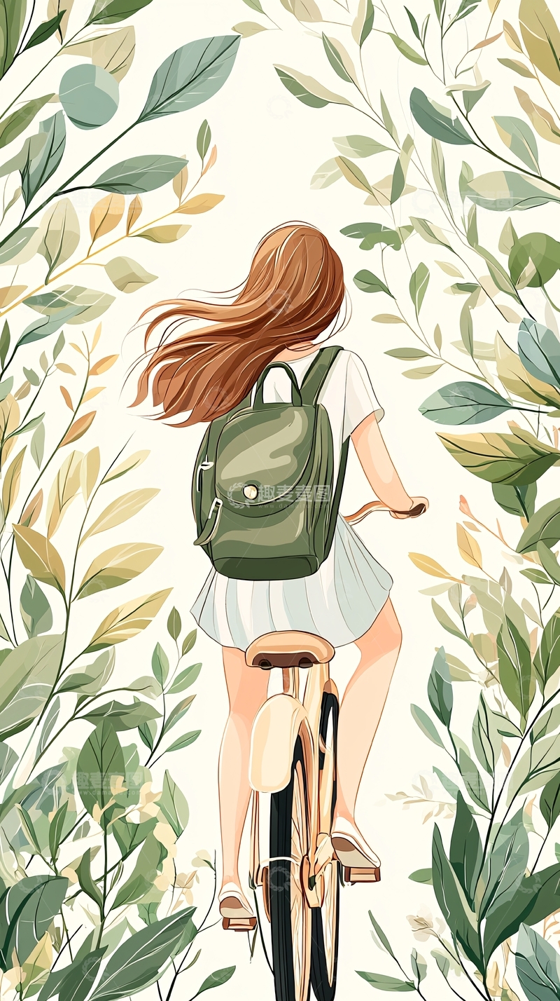 高清大图下载【趣麦麦图】骑自行车的女孩插画