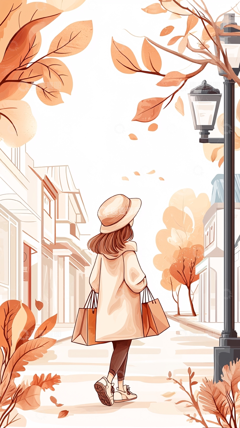 高清大图下载【趣麦麦图】秋日购物街景插画