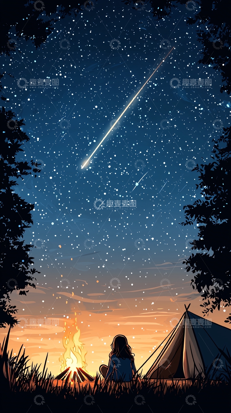 高清大图下载【趣麦麦图】夜晚露营看流星