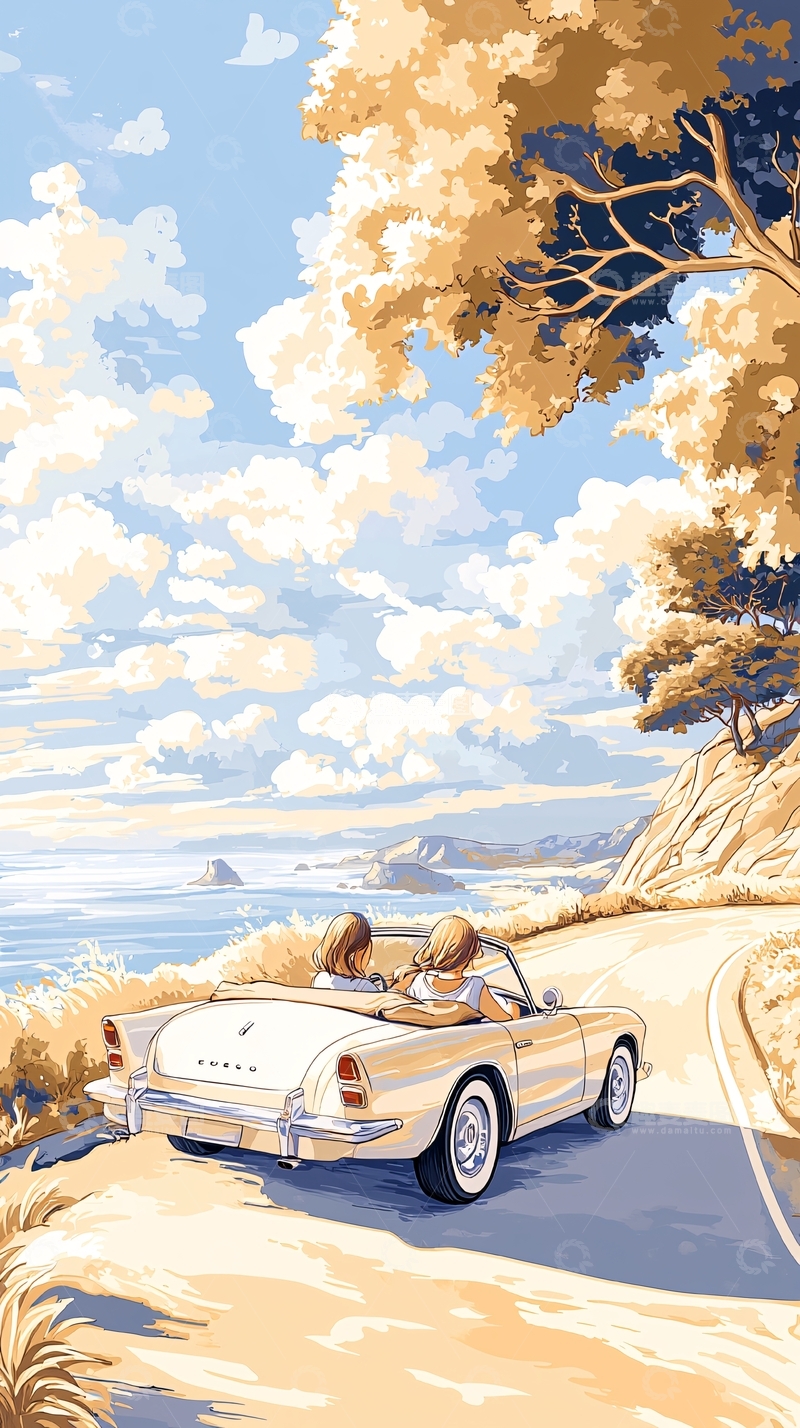 高清大图下载【趣麦麦图】海边公路旅行插画