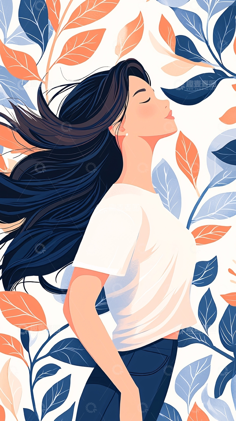高清大图下载【趣麦麦图】飘逸长发与树叶背景插画