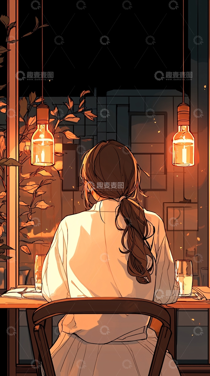 高清大图下载【趣麦麦图】夜晚咖啡馆里的孤独背影