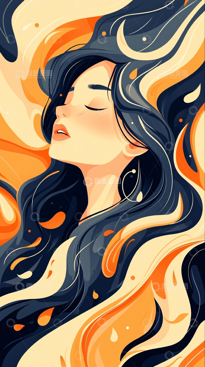 高清大图下载【趣麦麦图】飘逸长发的女性插画