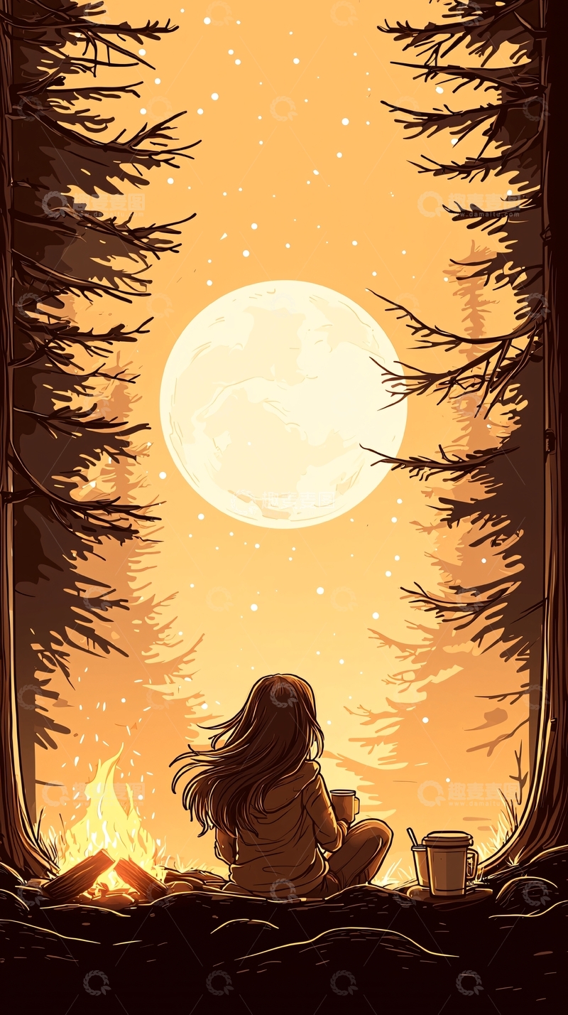 高清大图下载【趣麦麦图】夜晚篝火下的宁静时光
