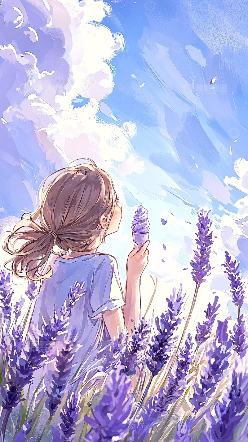 高清大图下载【趣麦麦图】-薰衣草田野中的女孩与冰淇淋