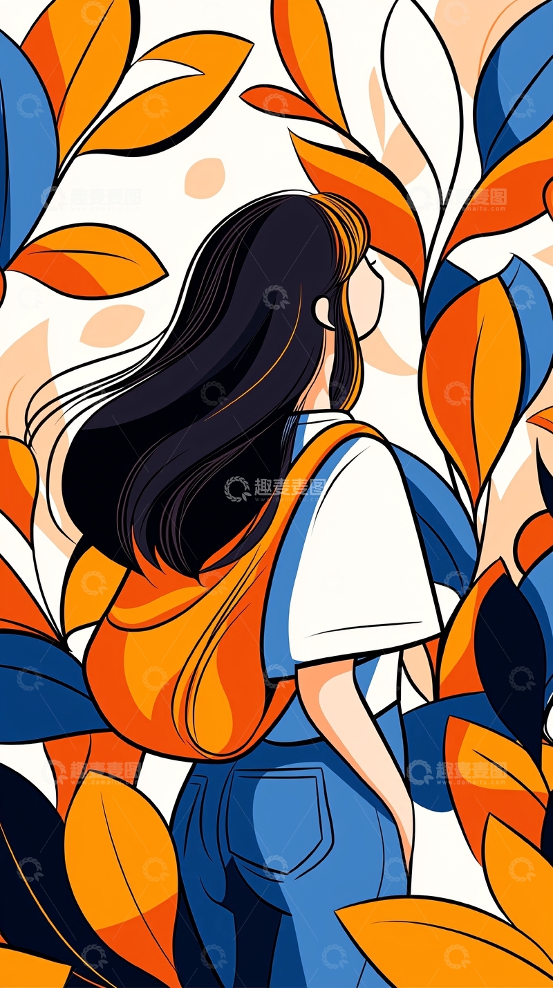 高清大图下载【趣麦麦图】秋日背影女孩插画