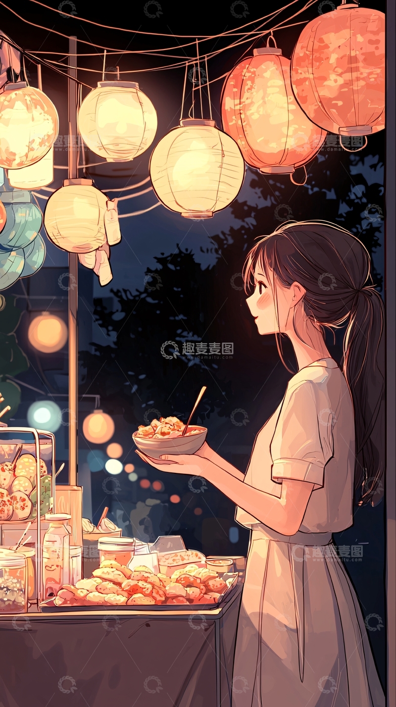 高清大图下载【趣麦麦图】夜市小吃摊上的女孩