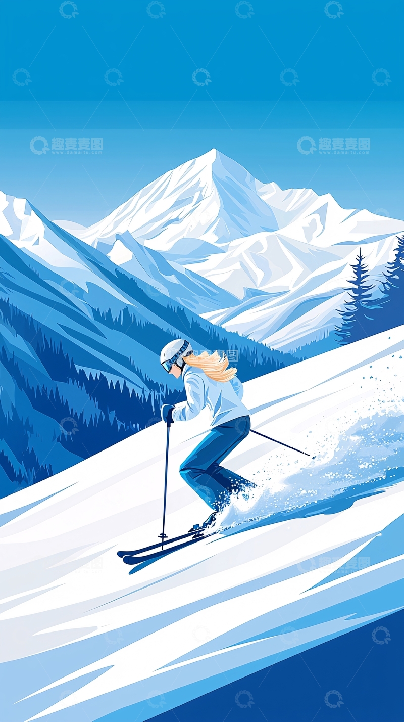 高清大图下载【趣麦麦图】滑雪山景插画