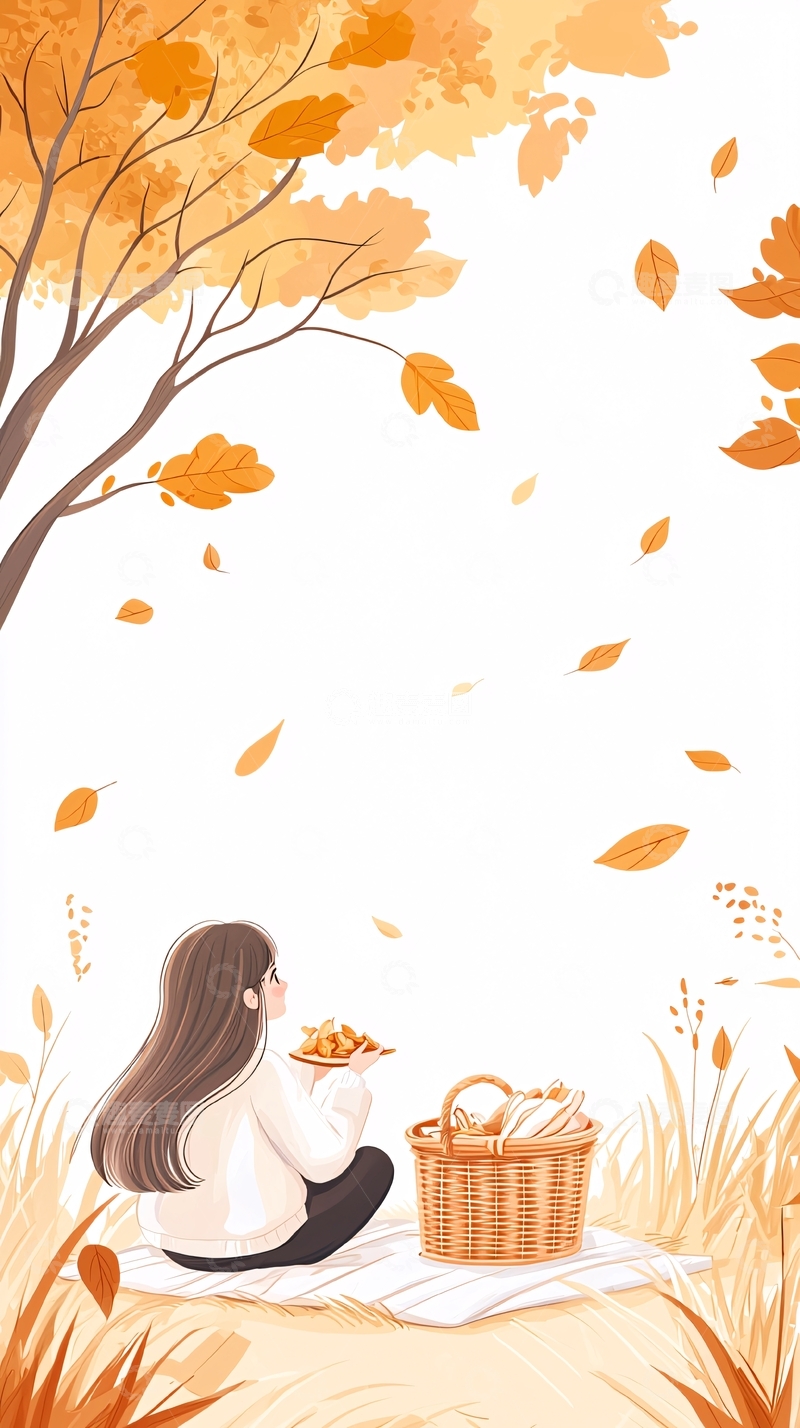高清大图下载【趣麦麦图】秋日野餐女孩插画