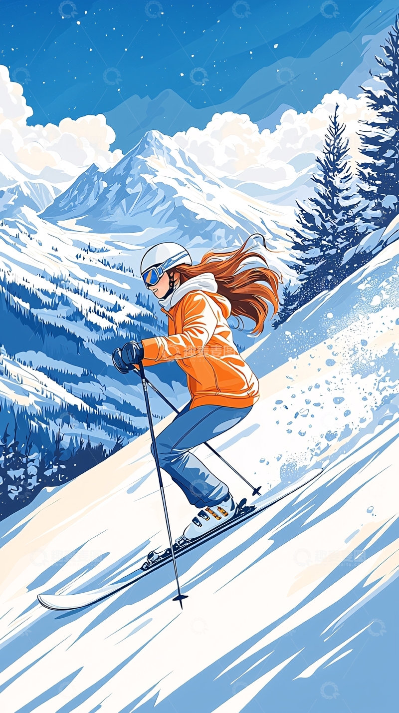 高清大图下载【趣麦麦图】冬季滑雪运动插画