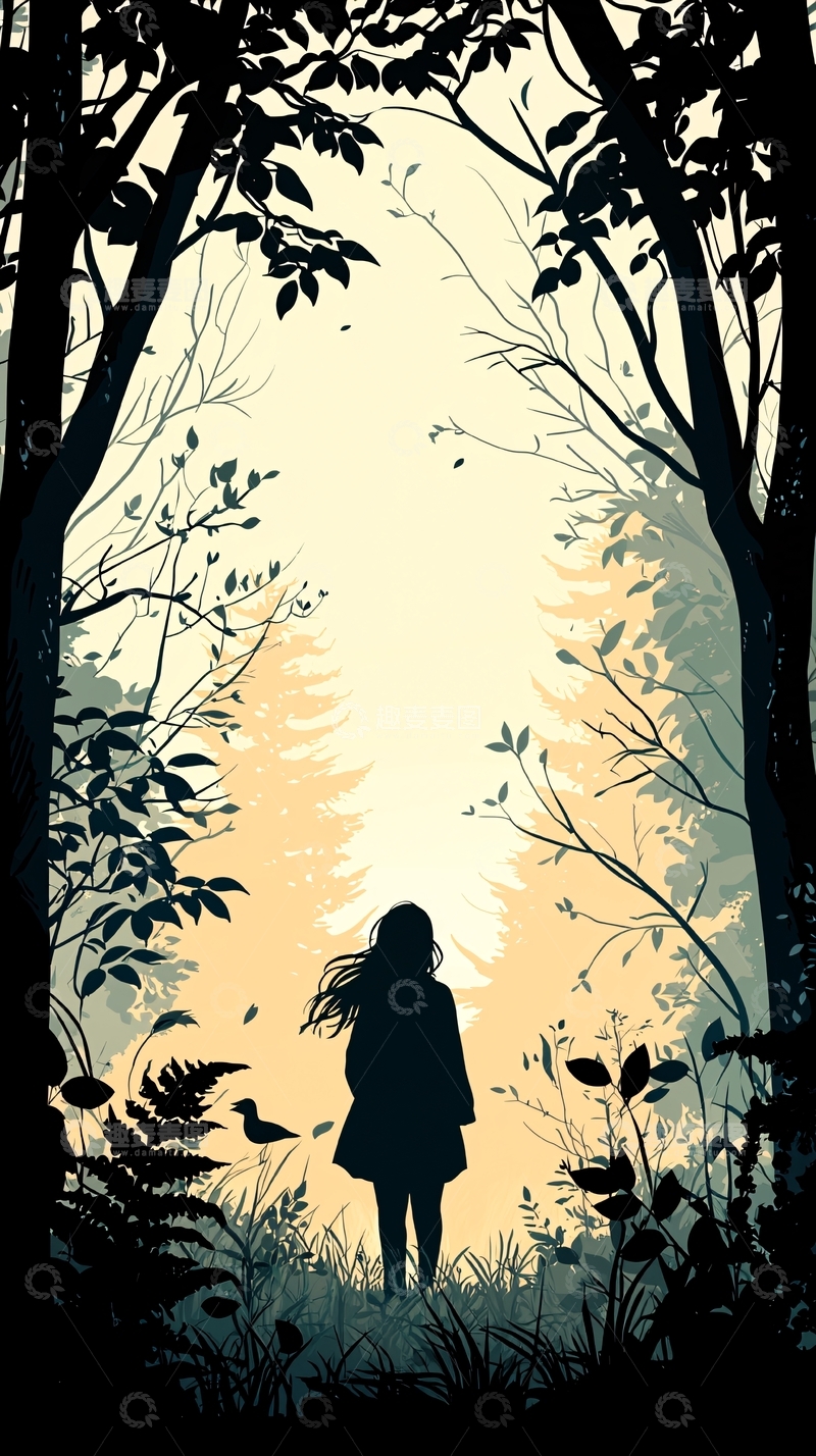 高清大图下载【趣麦麦图】森林中的女孩剪影