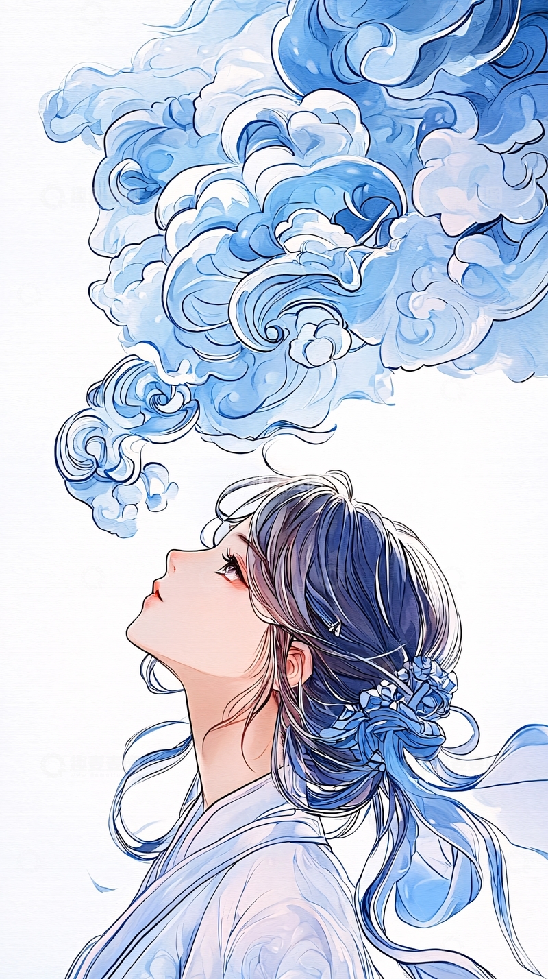 高清大图下载【趣麦麦图】蓝烟飘逸少女插画