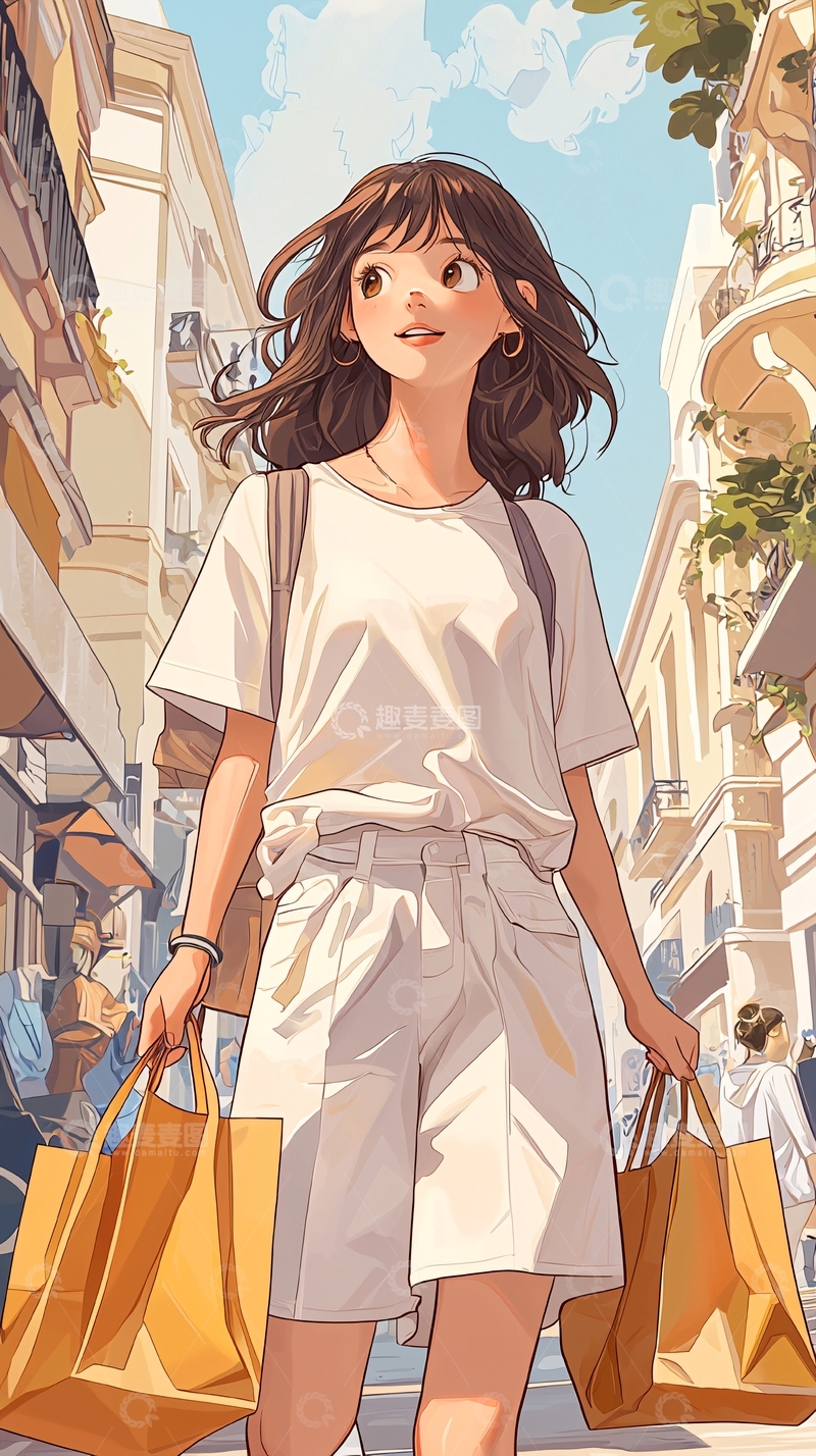 高清大图下载【趣麦麦图】夏日街头购物女孩