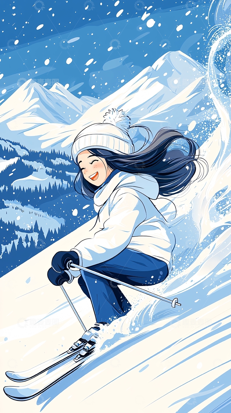高清大图下载【趣麦麦图】冬季滑雪少女插画