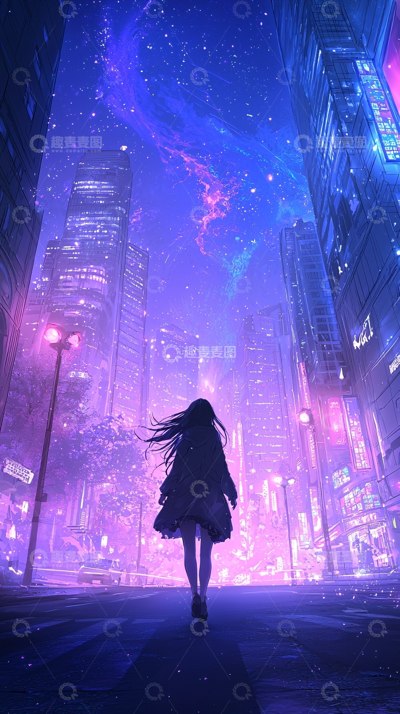高清大图下载【趣麦麦图】未来都市夜景漫步女孩