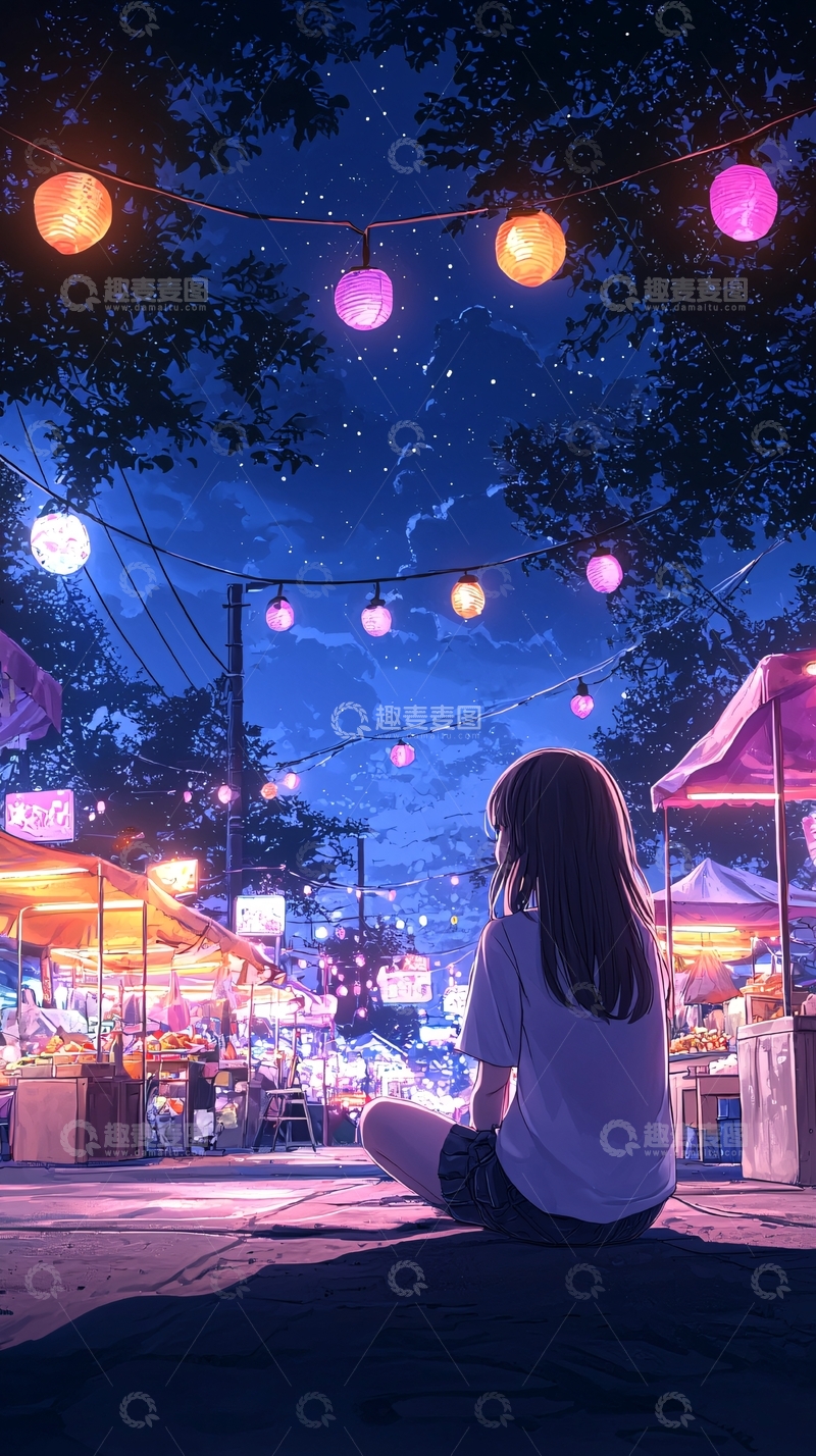 高清大图下载【趣麦麦图】夜市灯光下的女孩
