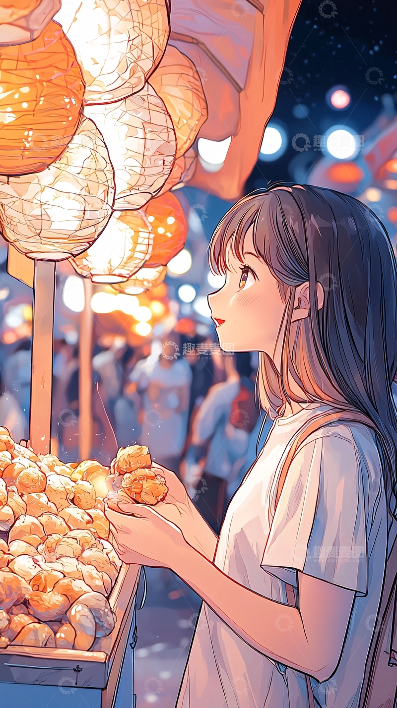 高清大图下载【趣麦麦图】夜市小吃摊上的女孩