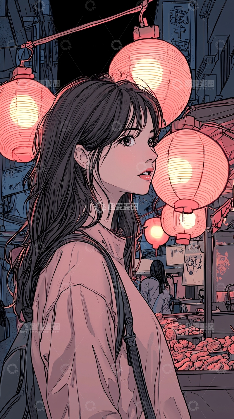 高清大图下载【趣麦麦图】夜晚市场灯笼下的女孩