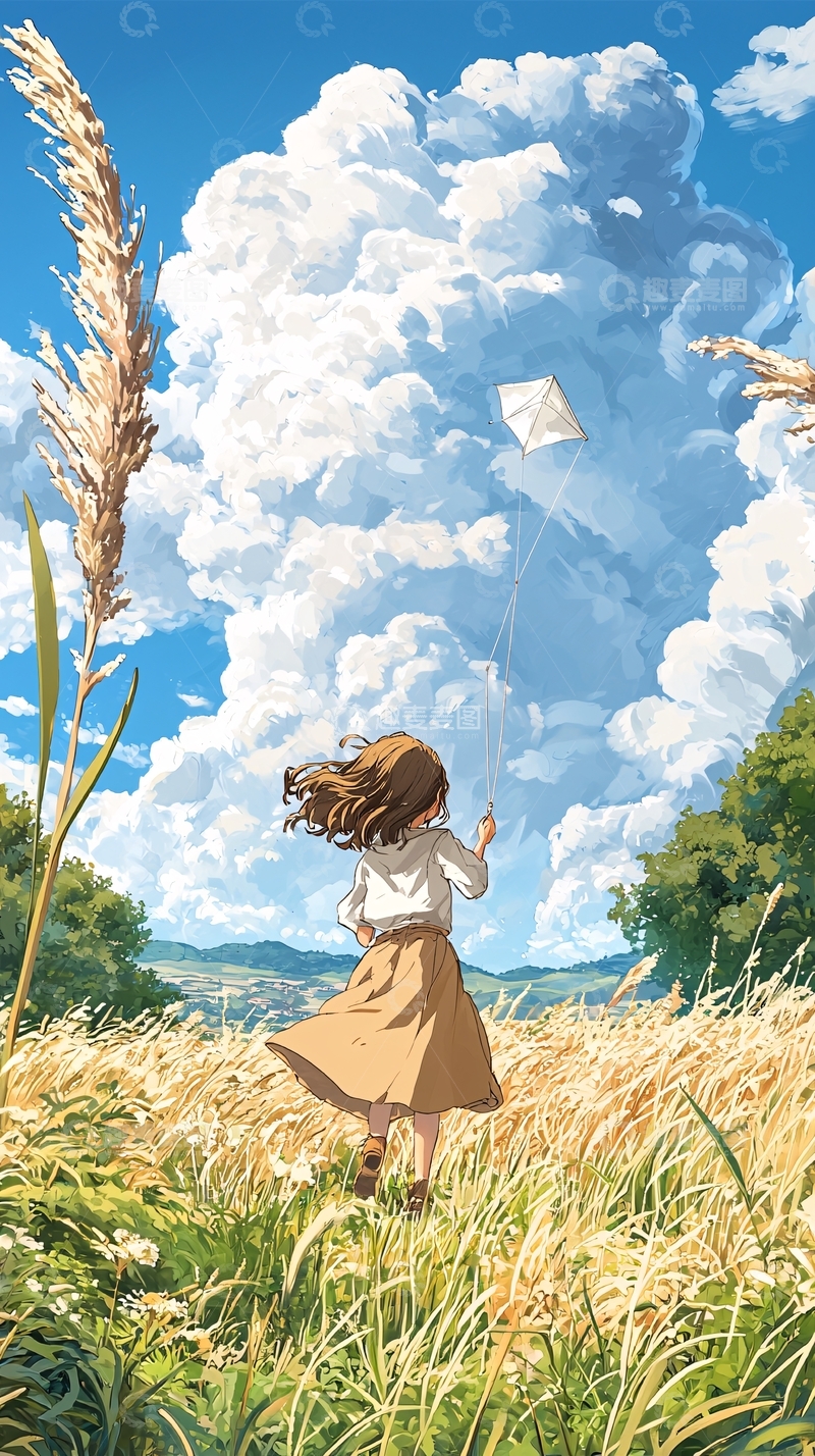 高清大图下载【趣麦麦图】田野上的风筝女孩