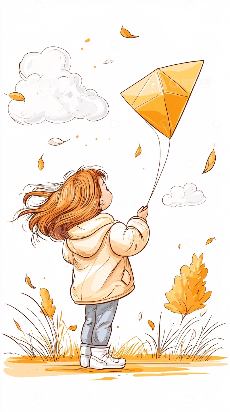 高清大图下载【趣麦麦图】秋日放风筝的女孩