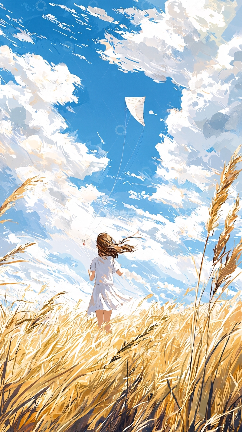 高清大图下载【趣麦麦图】田野上的风筝女孩