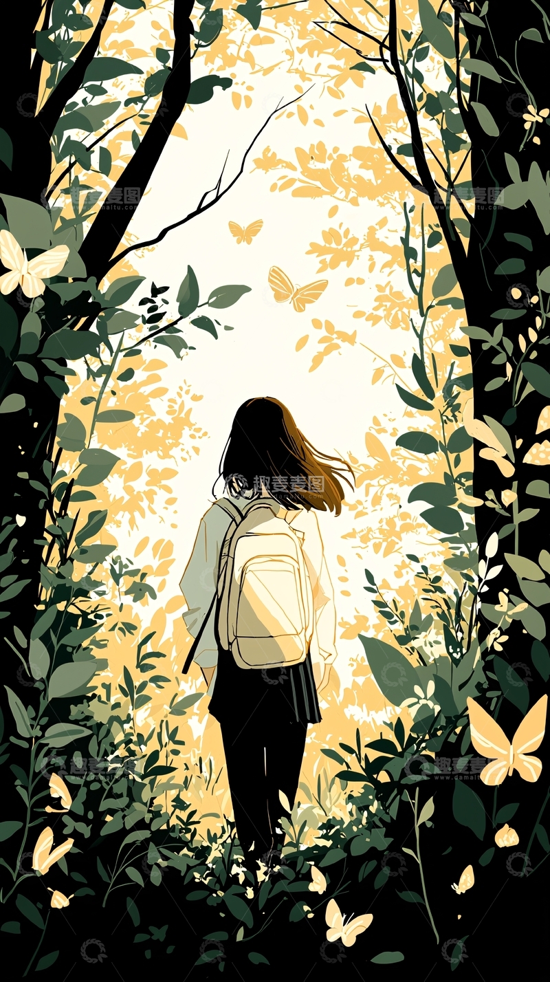 高清大图下载【趣麦麦图】森林中的背影女孩