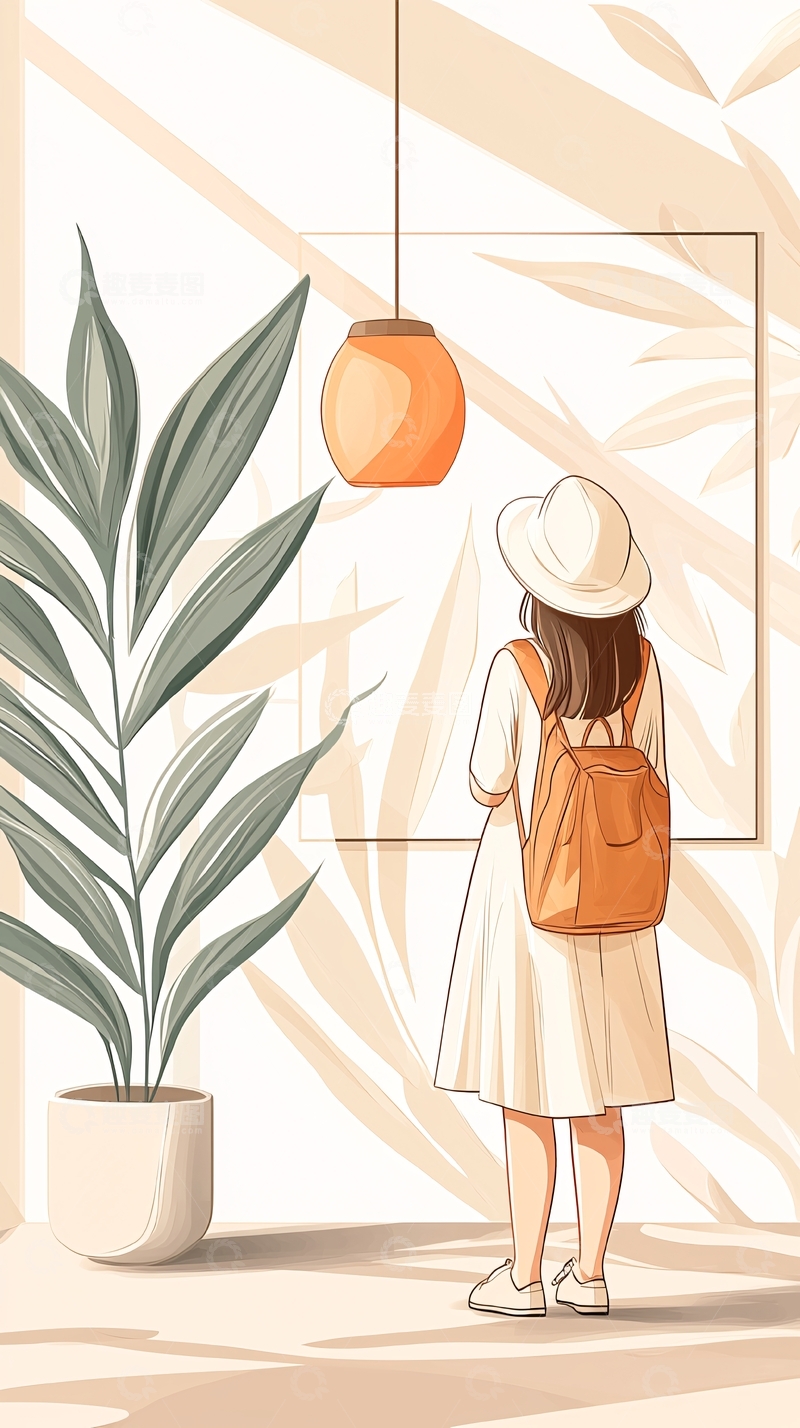 高清大图下载【趣麦麦图】室内植物与女孩背影插画