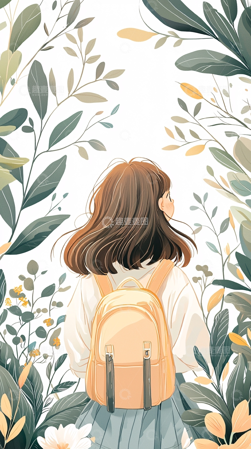 高清大图下载【趣麦麦图】背着书包的女孩与自然