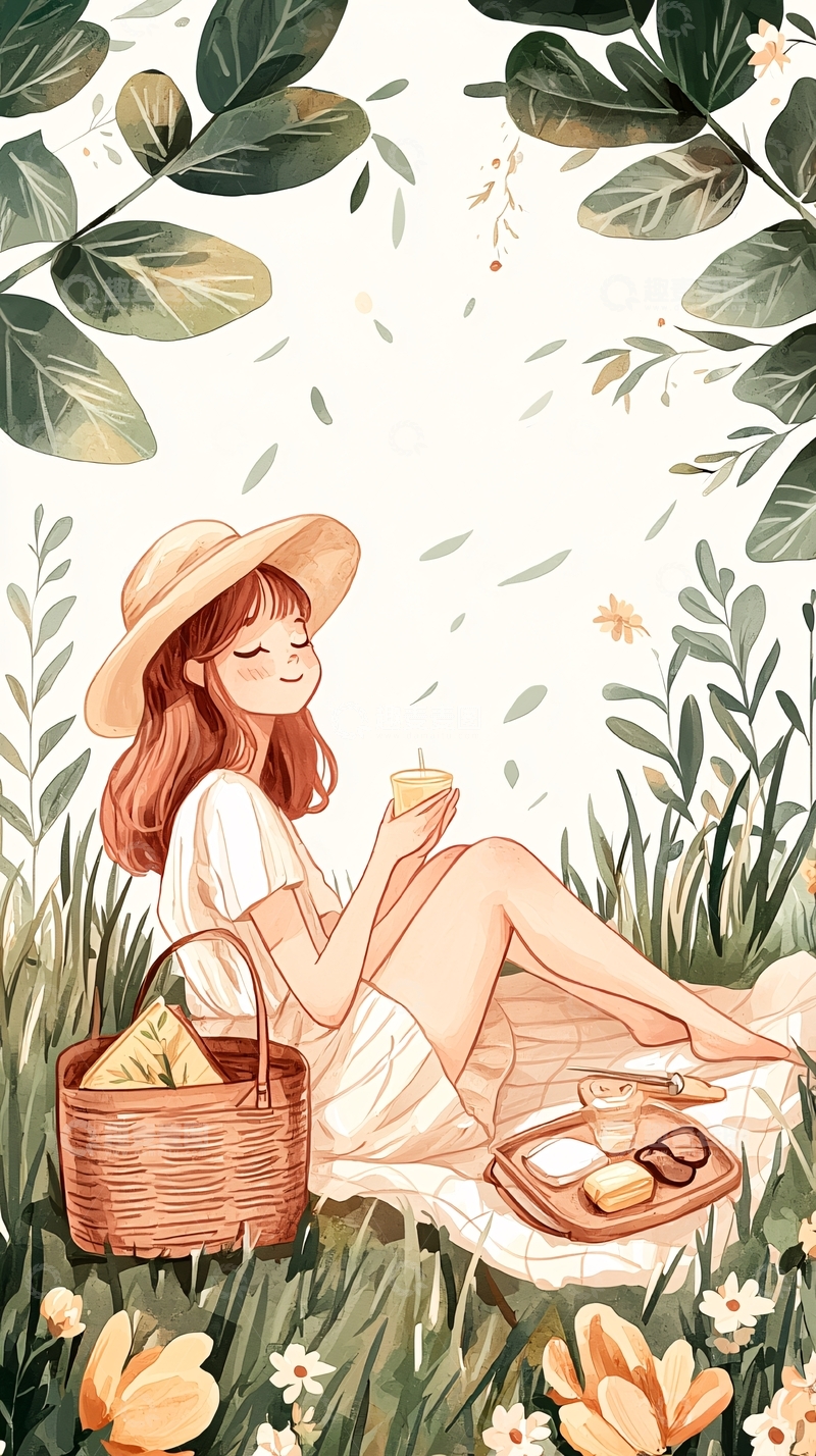 高清大图下载【趣麦麦图】夏日野餐女孩插画