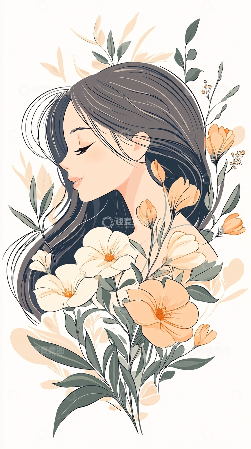 高清大图下载【趣麦麦图】花海中的温柔女孩插画