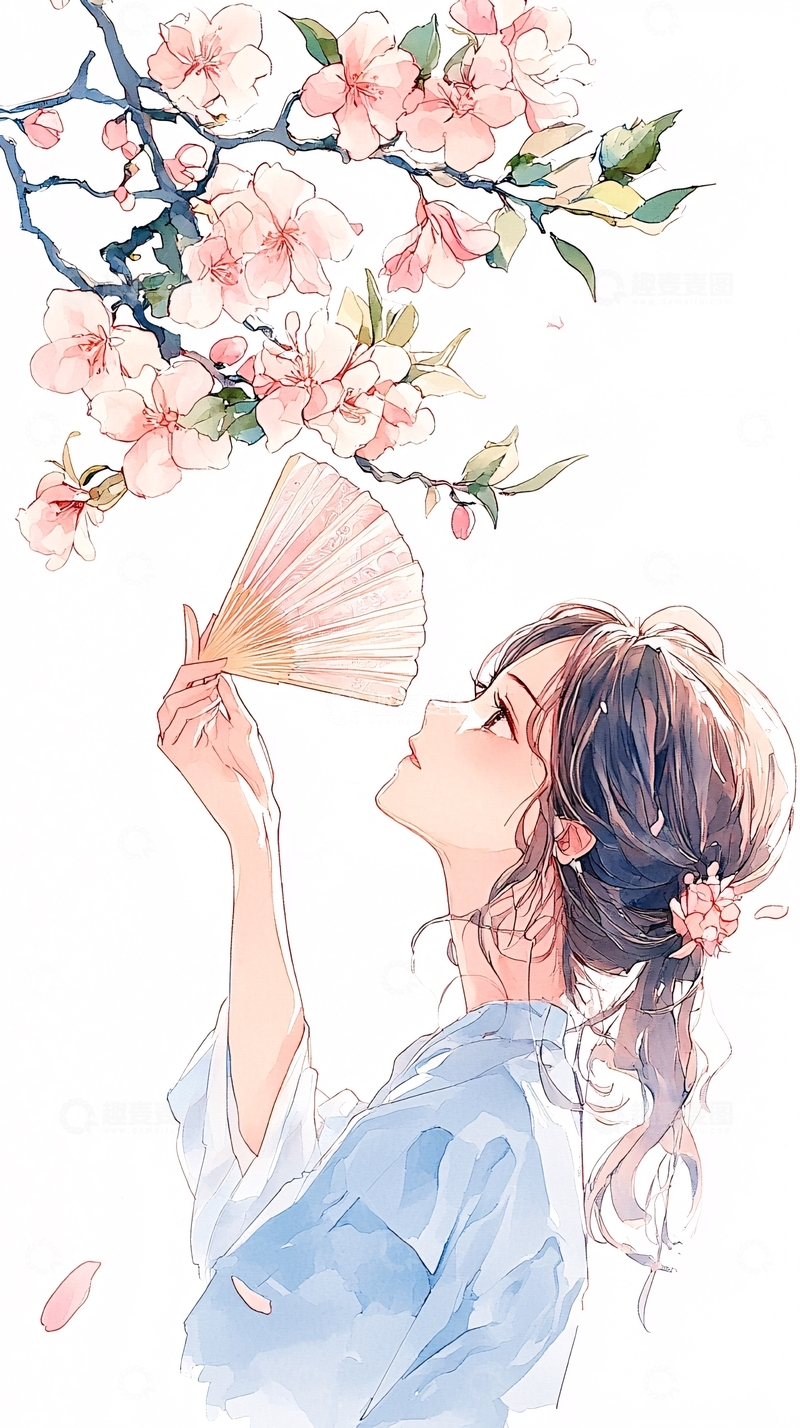 高清大图下载【趣麦麦图】樱花下扇子的少女