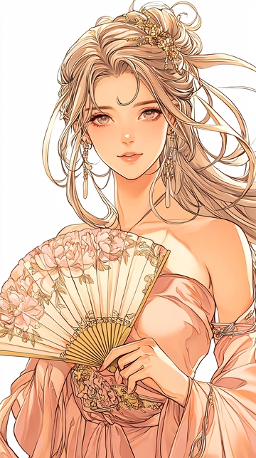 古典美人手持扇子插画
