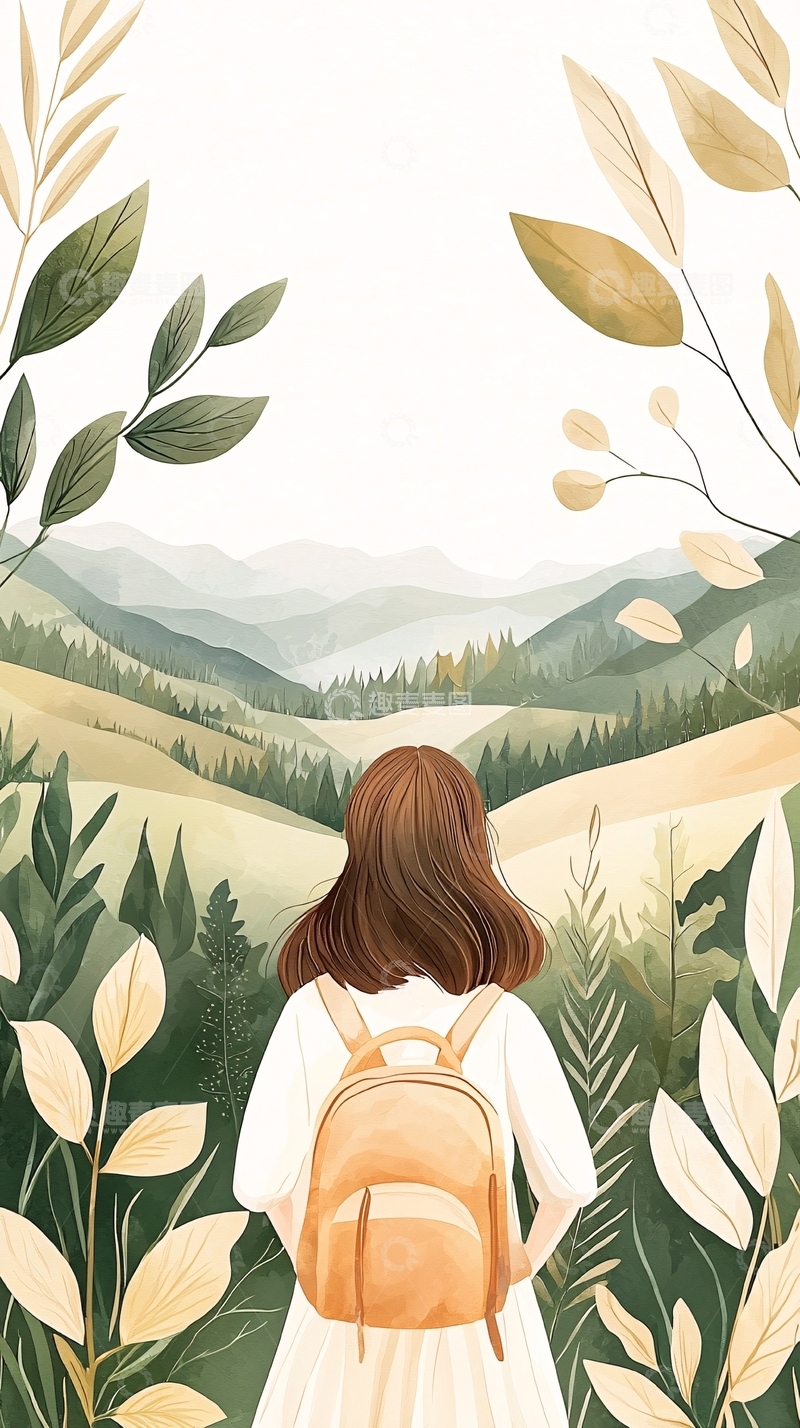 高清大图下载【趣麦麦图】秋日徒步旅行风景插画