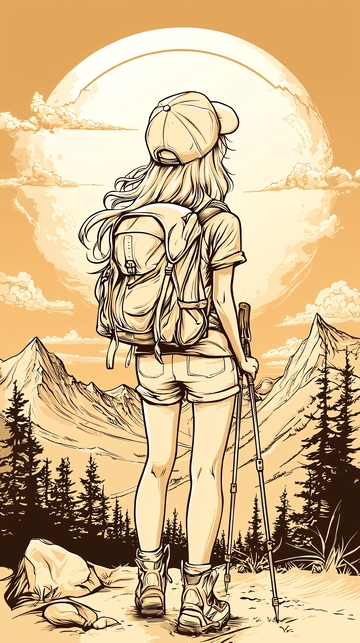 徒步旅行者在山间日落时分