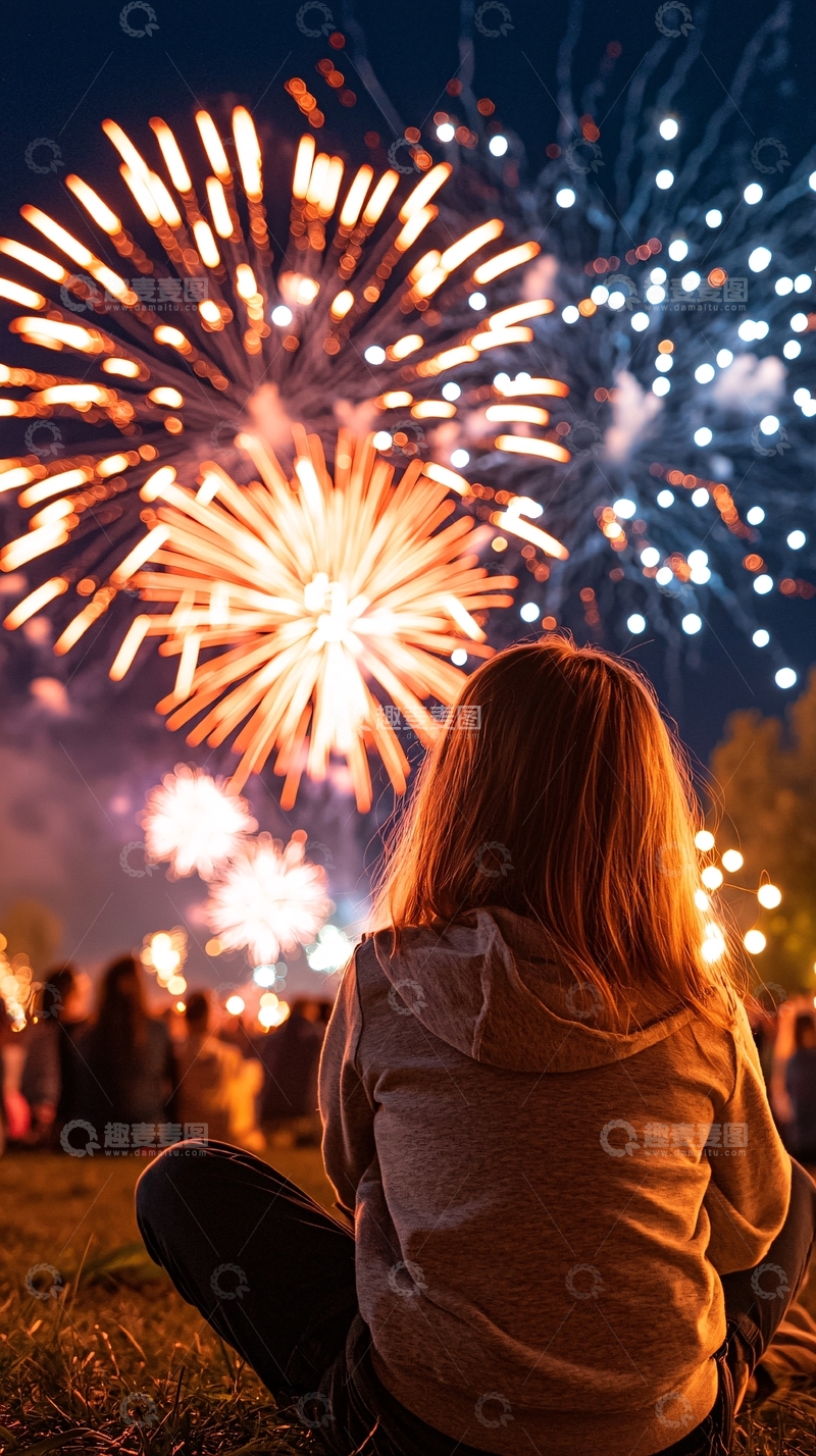 高清大图下载【趣麦麦图】夜空下的烟花与女孩