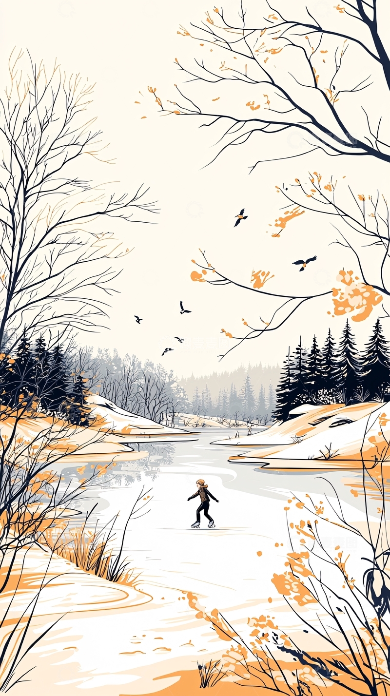 高清大图下载【趣麦麦图】冬季滑冰风景插画