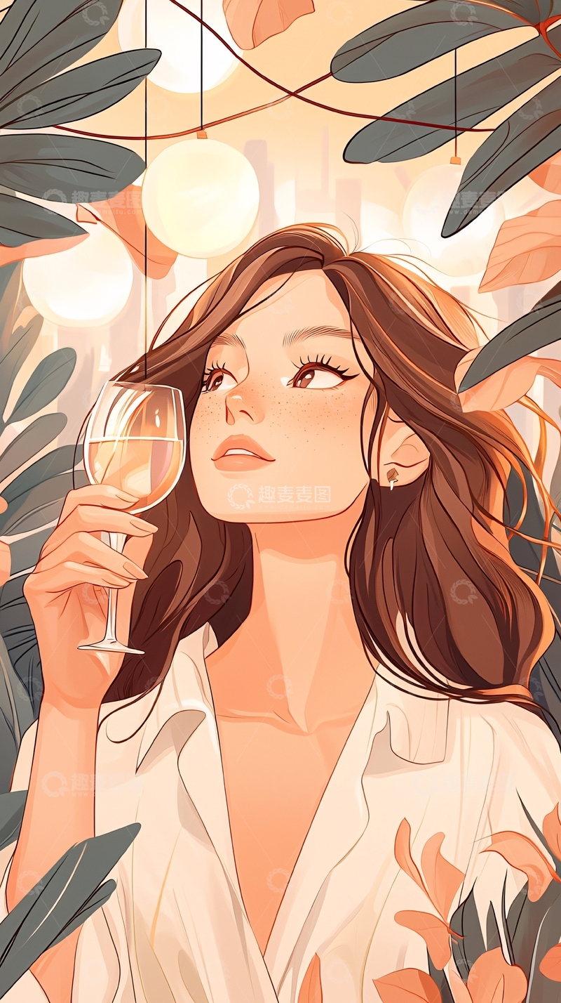 高清大图下载【趣麦麦图】秋日夜晚红酒美人图