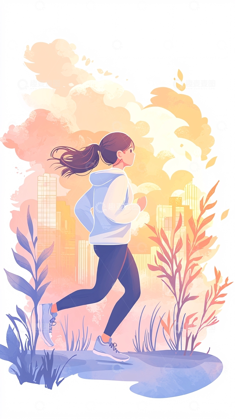 高清大图下载【趣麦麦图】晨跑中的女孩插画