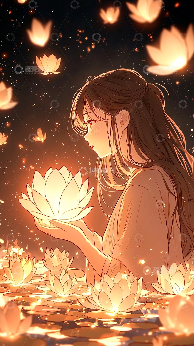 高清大图下载【趣麦麦图】夜色中的莲花灯女孩
