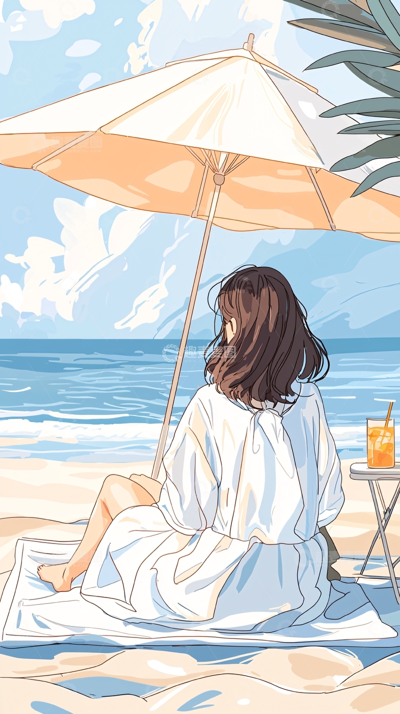 高清大图下载【趣麦麦图】海边度假女孩插画